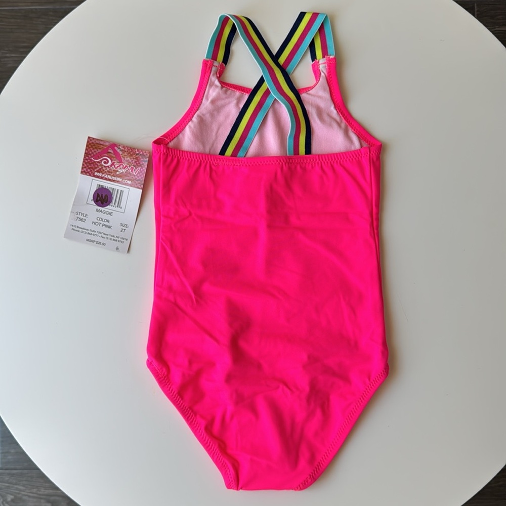 Kanu Surf Bright Pink Swimsuit with Striped Straps 2T - Picture 2 of 7